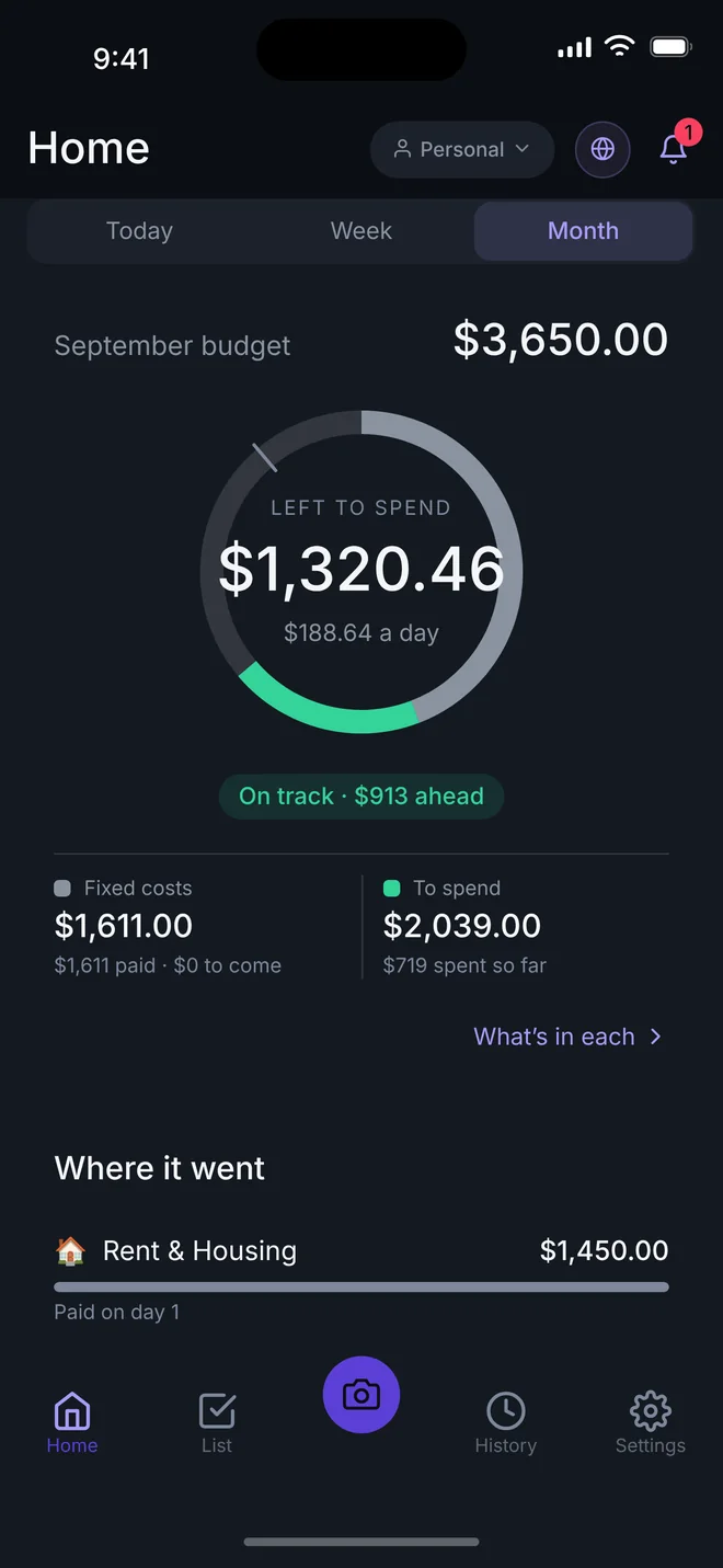 The Penny Roost home screen: a monthly budget ring with the amount left to spend and a daily allowance