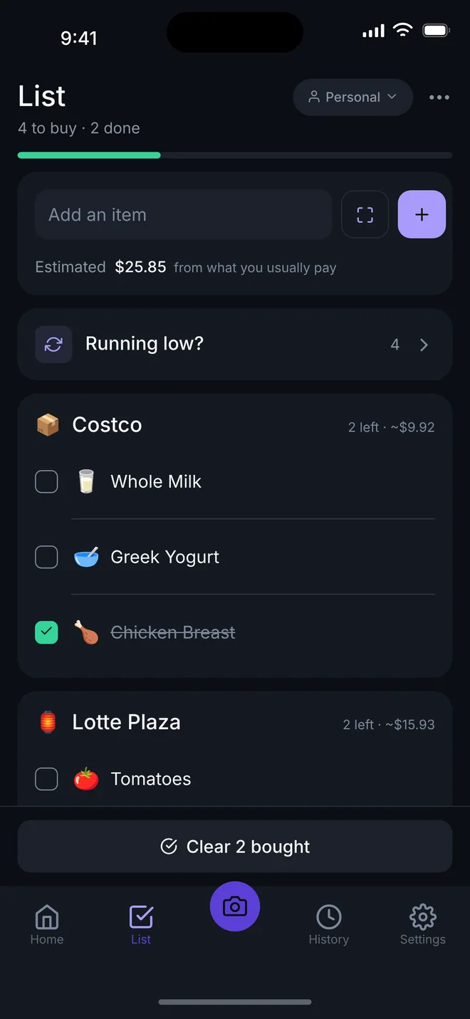 The Penny Roost shopping list, grouped by store with an estimated total