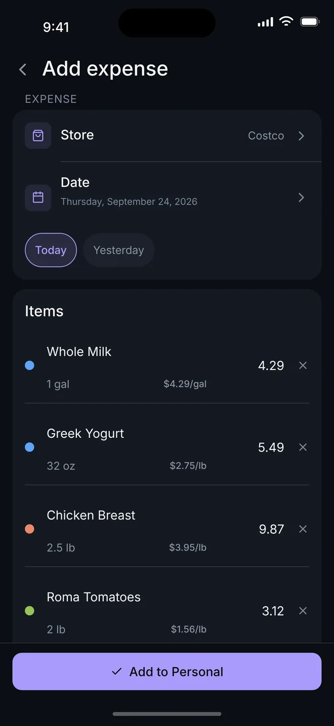 A scanned receipt in Penny Roost: whole milk, Greek yogurt, chicken breast and Roma tomatoes, each with its size, unit price and price